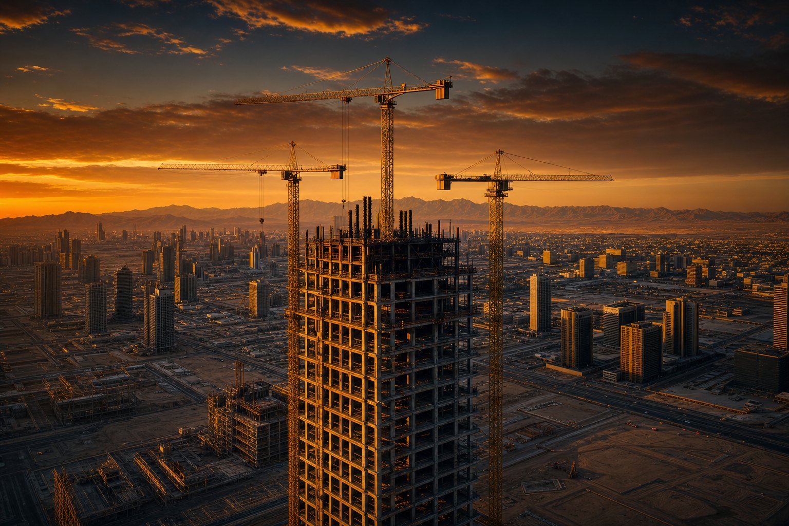 Tower cranes rising over the Las Vegas Valley at golden hour