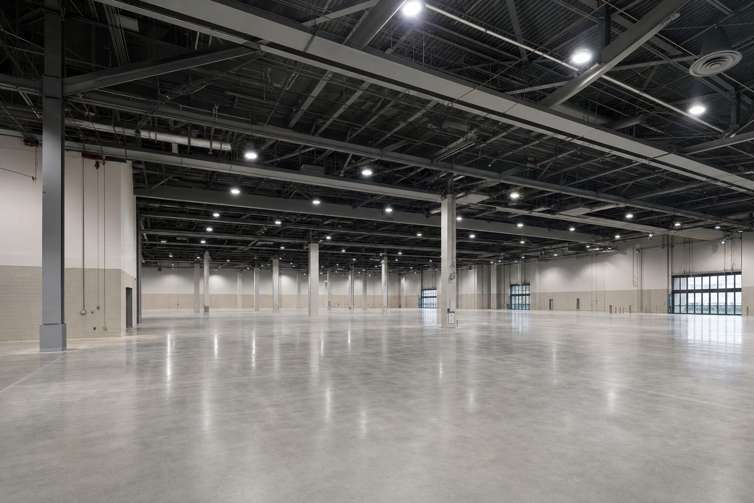 An empty new convention centre exhibit hall with exposed steel ceiling