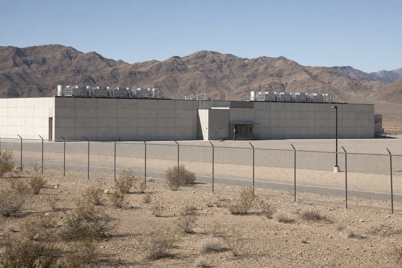 A low windowless data centre building with rooftop cooling plant in the desert