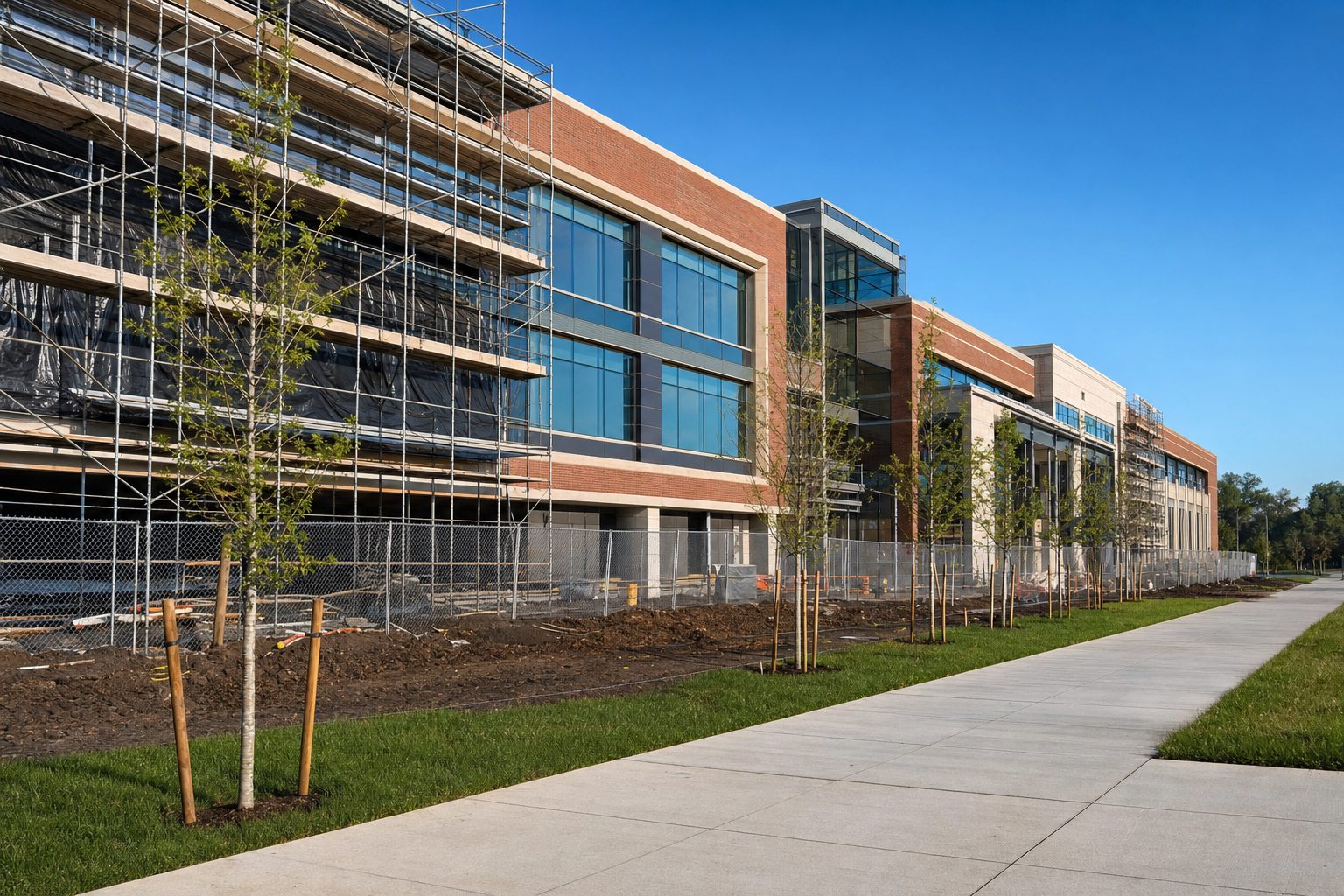 A three-storey academic building under construction behind scaffolding