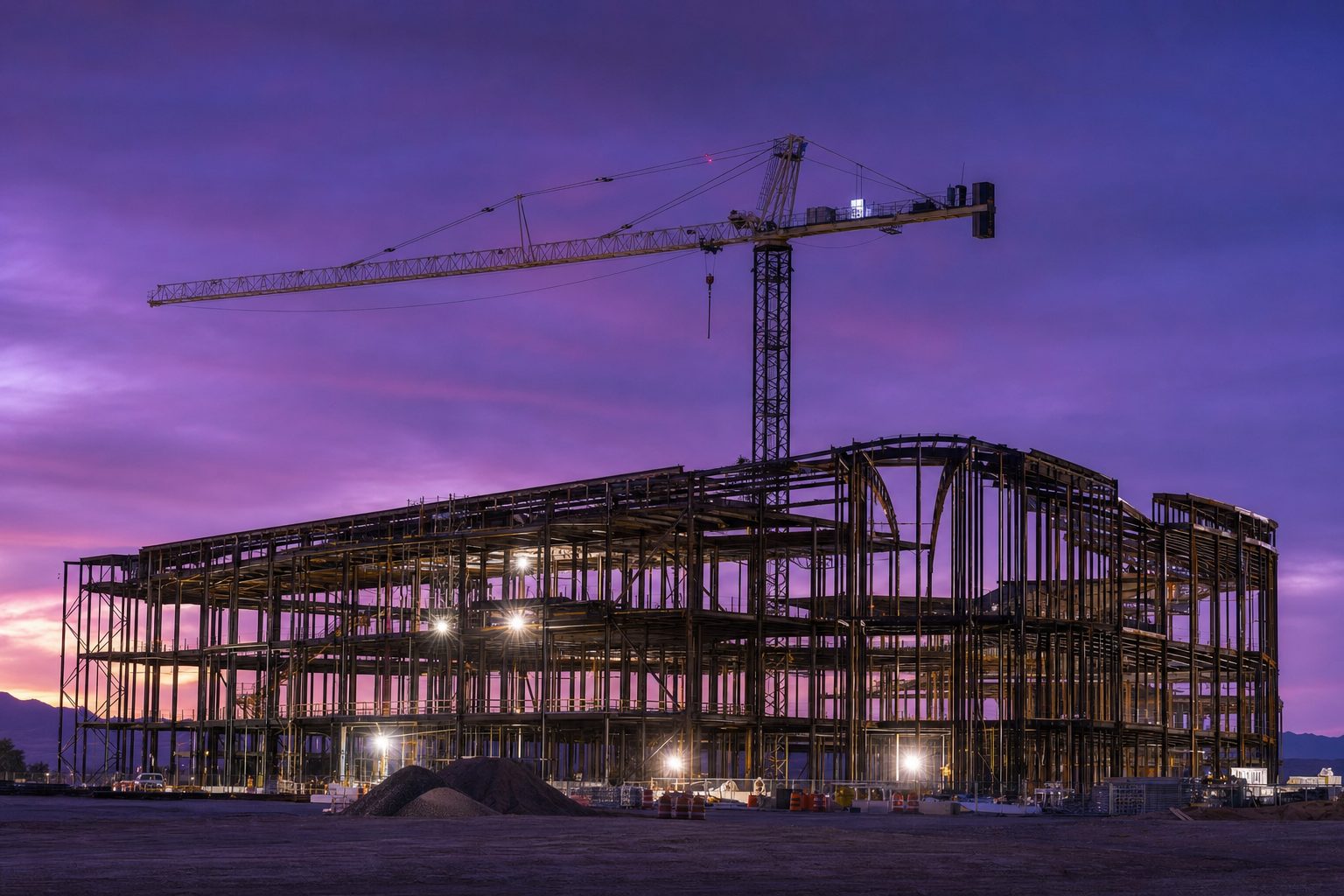 The steel frame of an entertainment venue under construction at dusk