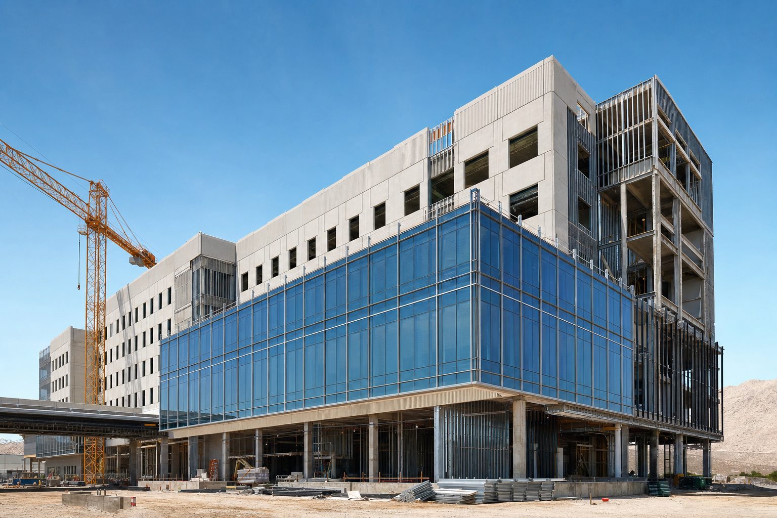 Blue glass curtain wall going up on a new multi-storey hospital building