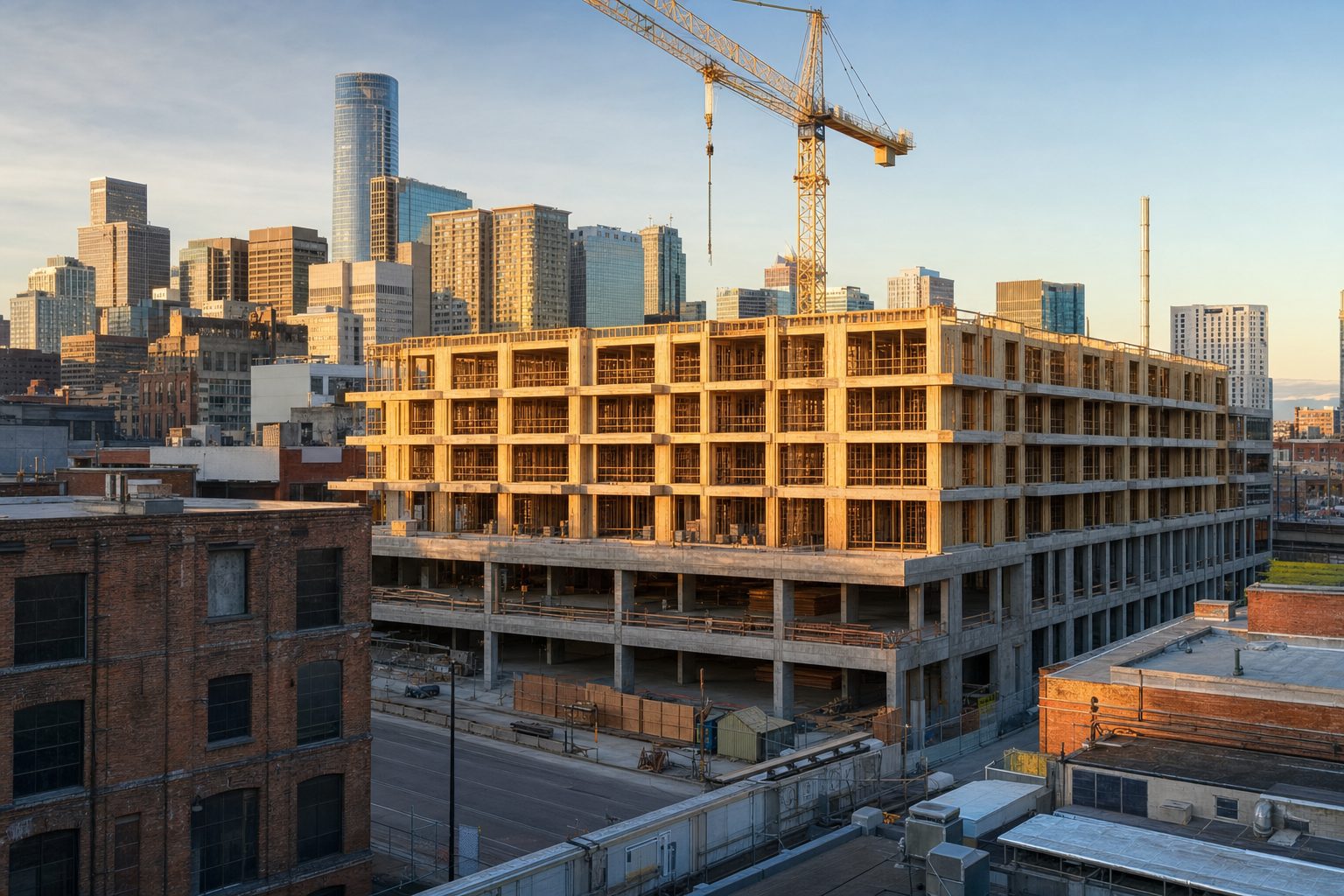 A concrete podium with wood-framed apartment floors rising above it