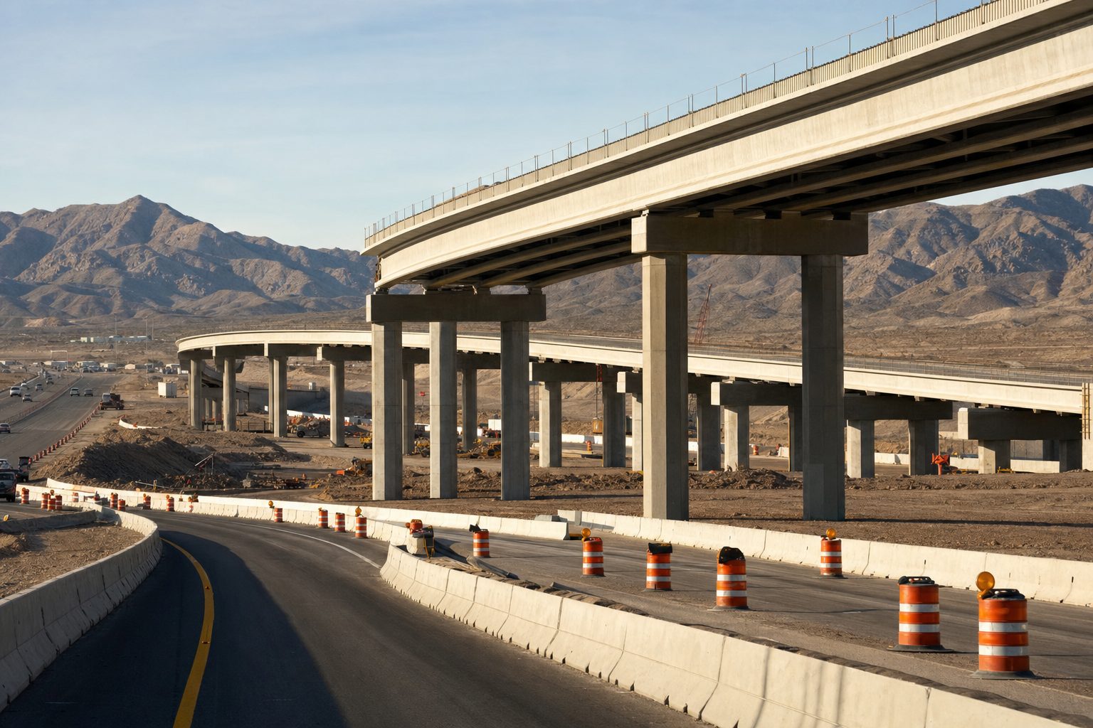A curving elevated highway ramp under construction on concrete columns