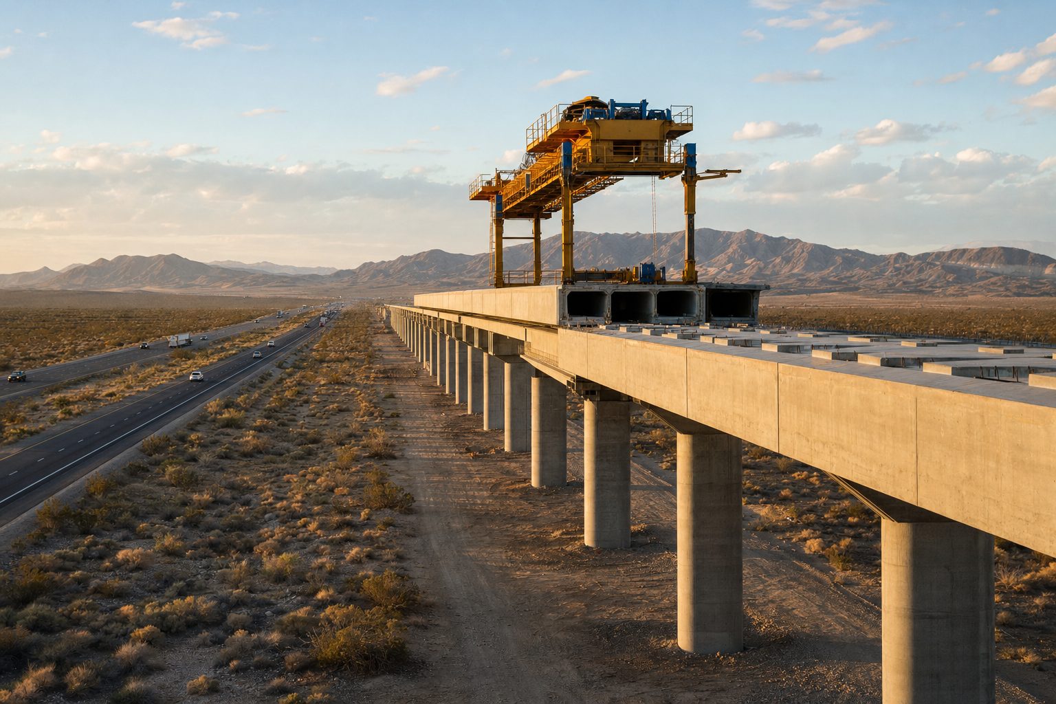 An elevated concrete rail guideway under construction beside a desert interstate